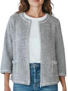 EILEEN FISHER Organic Cotton Front Zip Sweater Jacket in Ivory/Gray Size Small